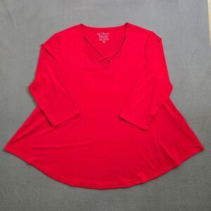 Chico's Women 2 US L/12 Red Criss Cross V Neck 3/4 Sleeve Tunic Blouse